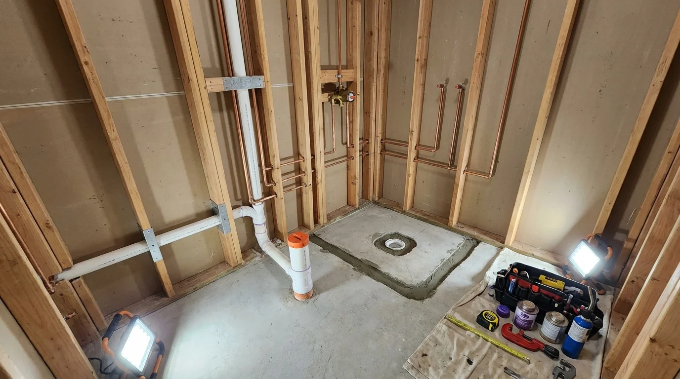 Bathroom rough-in plumbing during remodel by Johns Plumbing LLC in Hollandale