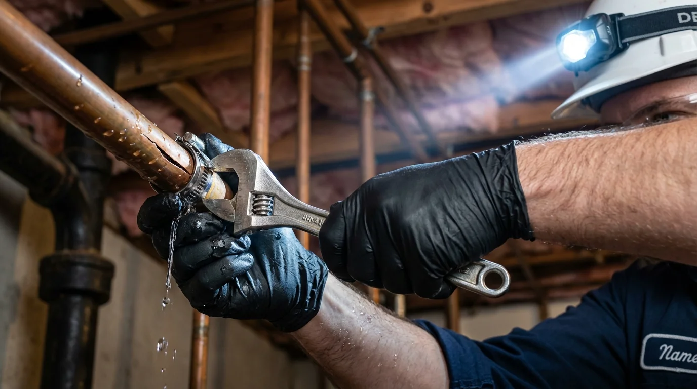 Emergency pipe clamp repair being performed by a Johns Plumbing LLC plumber in Hollandale