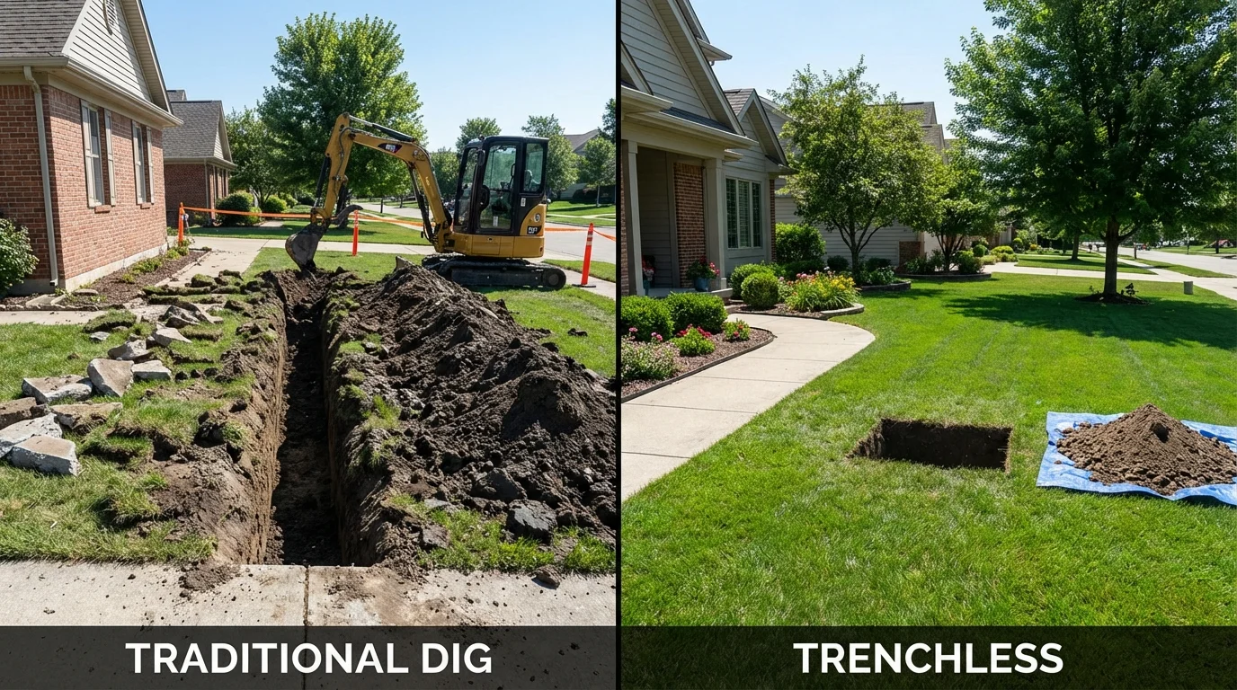 Trenchless sewer repair with minimal yard damage versus traditional excavation in Hollandale, MS