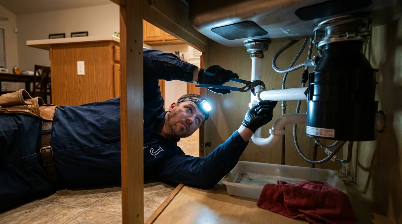 P-trap and supply line connections under a kitchen sink showing a common leak point in Hollandale, MS